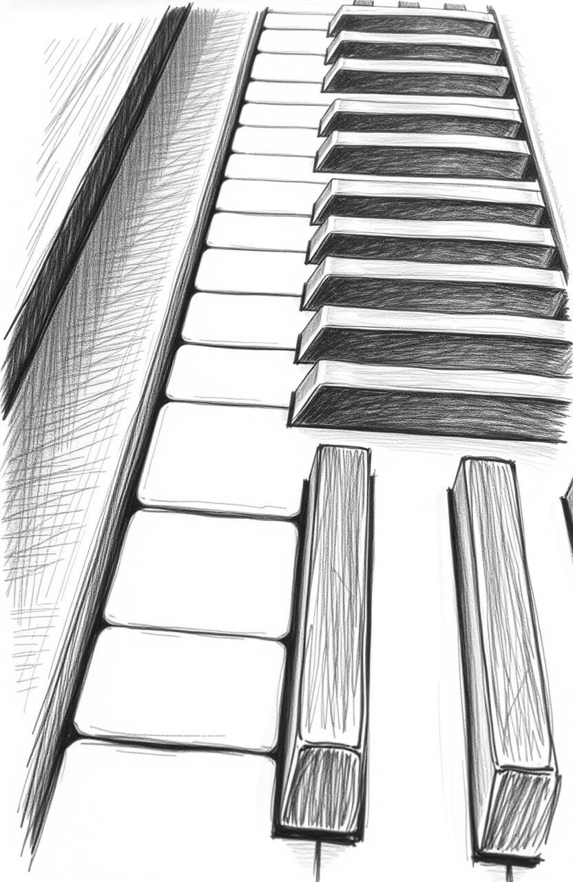 A detailed pencil sketch of piano keys, showcasing the intricate black and white contrast of the keys