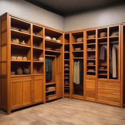 A well-organized storage room filled with beautifully crafted teak wood furniture displaying a variety of aesthetically pleasing designs.