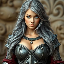 A busty and beautiful European cleric girl, slender with very large tender breasts, featuring long soft layers of ash grey hair that cascade down her shoulders