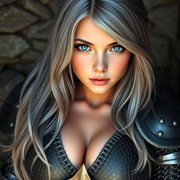 A busty and beautiful European cleric girl, slender with very large tender breasts, featuring long soft layers of ash grey hair that cascade down her shoulders