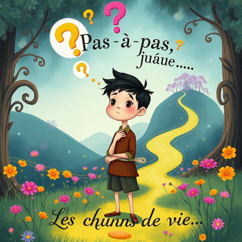 A thoughtful character standing in a mystical landscape, with colorful question mark thought bubbles floating above their head, reflecting curiosity and introspection