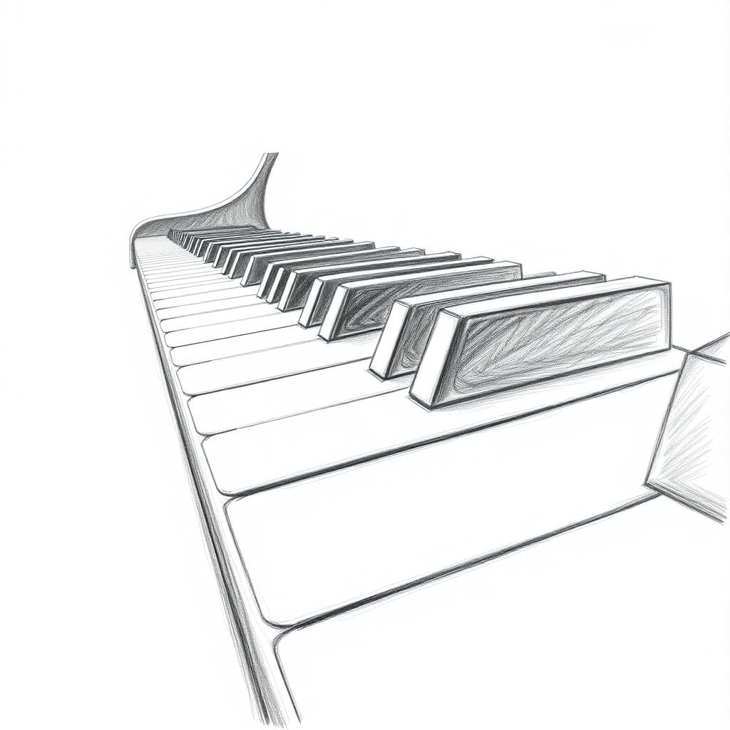 A horizontal pencil sketch of piano keys, emphasizing the elegant layout of the black and white keys in a perspective view