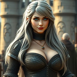 A stunningly beautiful slender European cleric with very large tender breasts