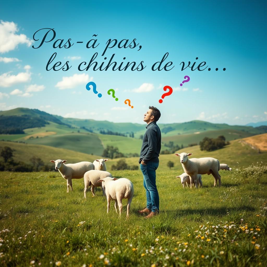 A serene scene featuring a contemplative man standing in a lush green meadow, accompanied by gentle sheep grazing around him
