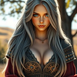 A slender European girl depicted as a beautiful sun cleric, featuring very large tender breasts and long, soft layers of ash grey hair cascading down her back