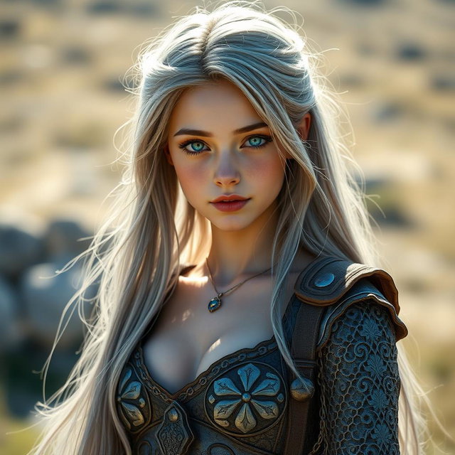 A slender European girl depicted as a beautiful sun cleric, featuring very large tender breasts and long, soft layers of ash grey hair cascading down her back