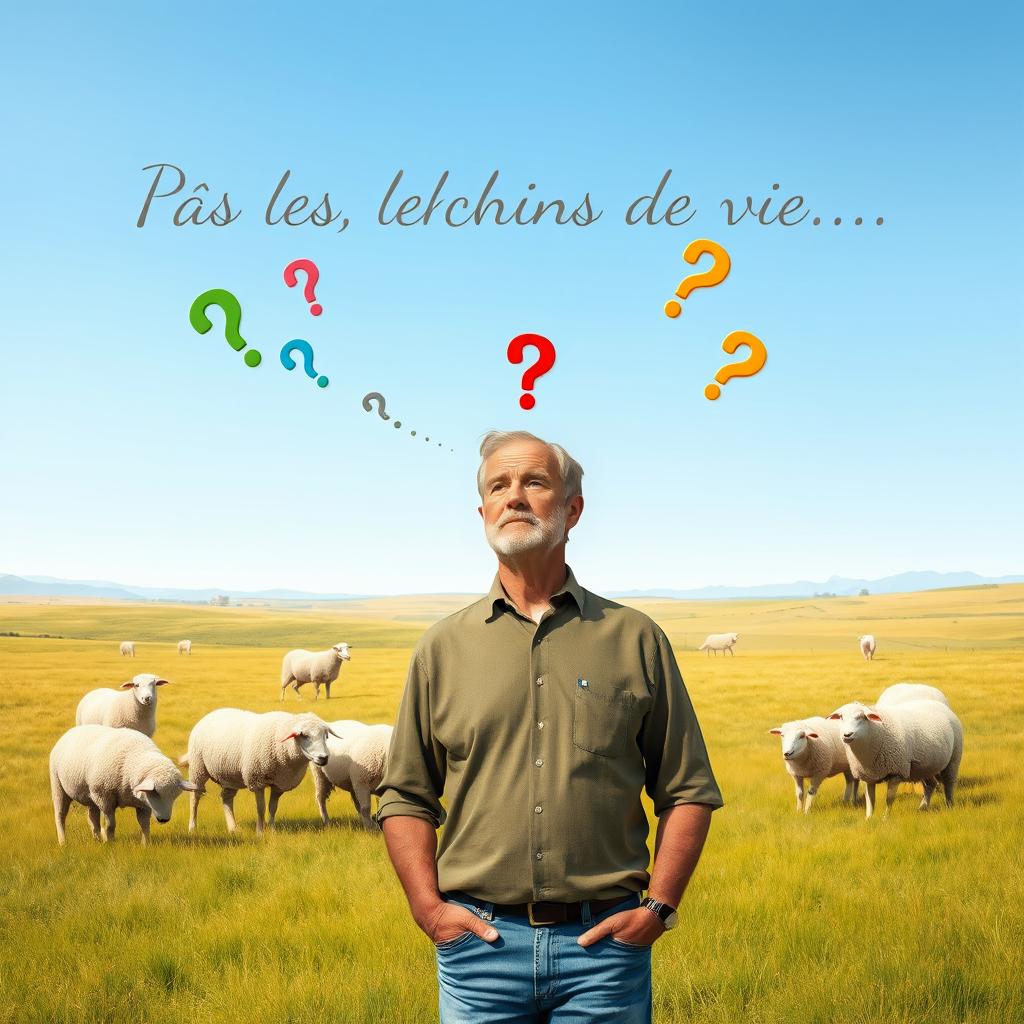 A thoughtful depiction of a 50-year-old man standing in a flat countryside, surrounded by gentle sheep grazing peacefully around him
