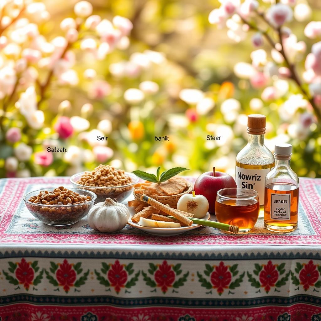 A beautifully arranged haft sin table for Nowruz, featuring seven symbolic items on a traditional Persian tablecloth