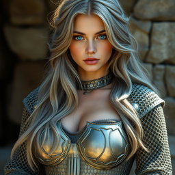 A busty, beautiful sun cleric, slender European girl with very large tender breasts