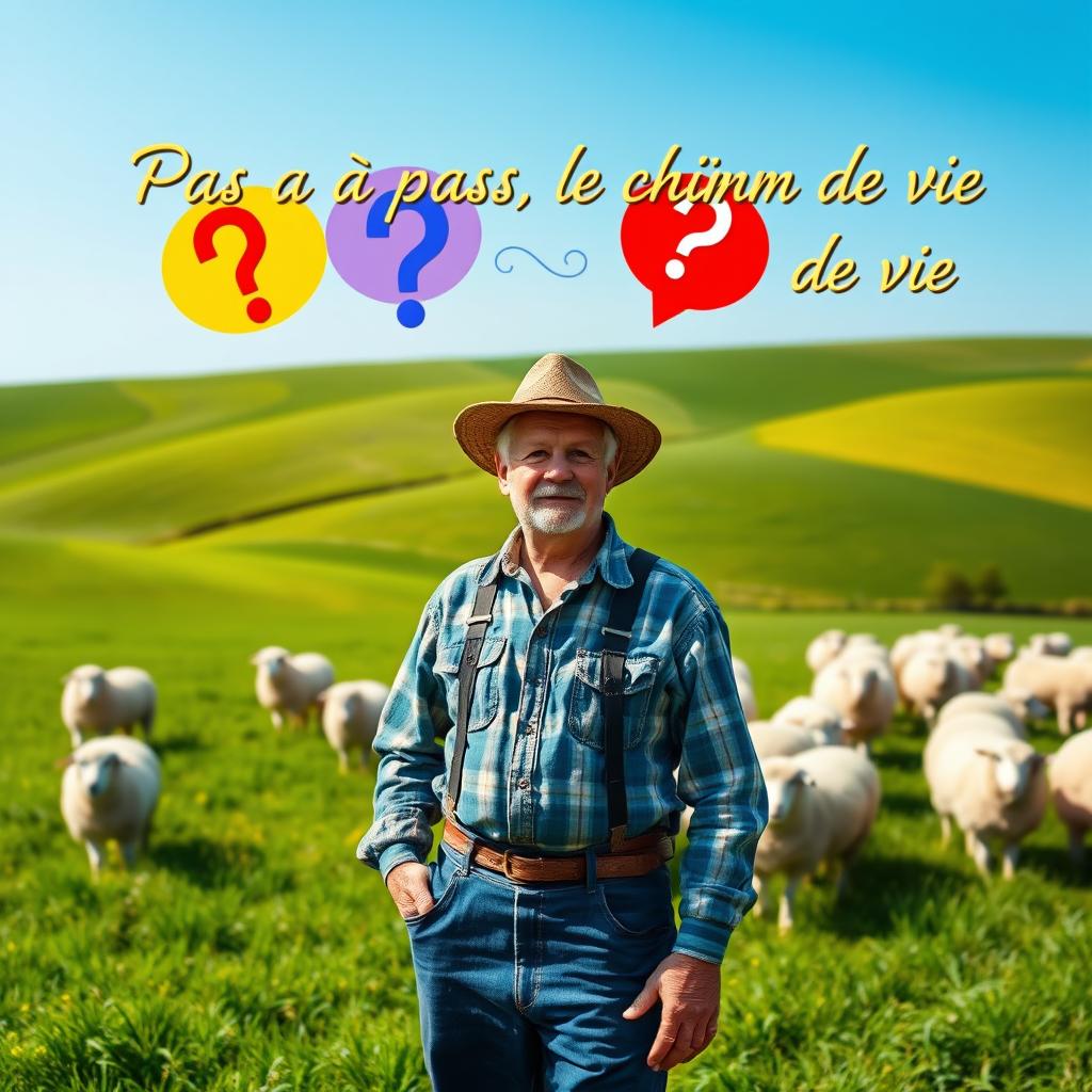A 55-year-old farmer standing proudly in a lush, flat green pasture, surrounded by a flock of fluffy sheep grazing contently
