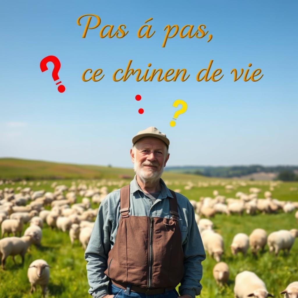 A 55-year-old farmer standing proudly in a lush, flat green pasture filled with a multitude of fluffy sheep grazing peacefully