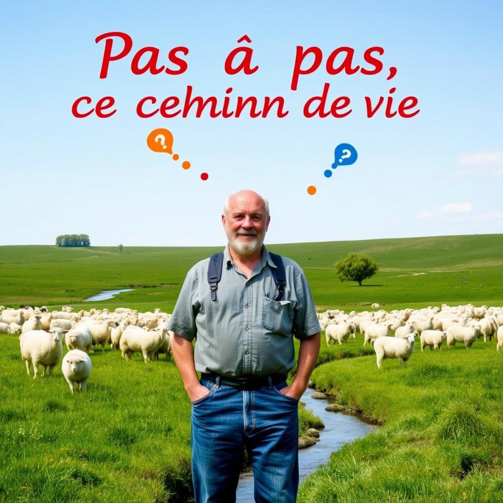 A 55-year-old farmer standing in a flat, lush green pasture filled with a flock of fluffy sheep