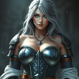 A stunningly beautiful busty European sun cleric, featuring a slender build and very large, tender breasts