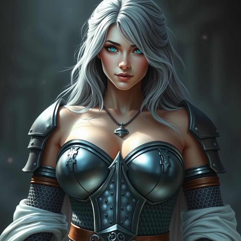 A stunningly beautiful busty European sun cleric, featuring a slender build and very large, tender breasts