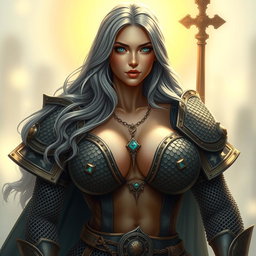 A stunningly beautiful busty European sun cleric, featuring a slender build and very large, tender breasts