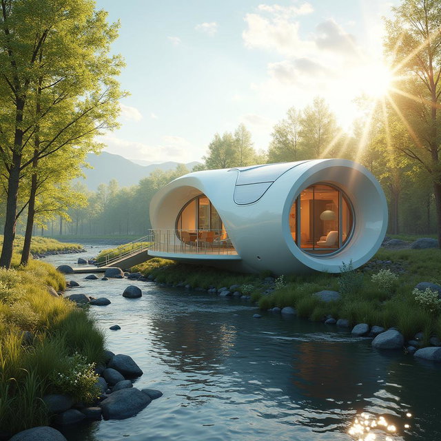 Design a futuristic modern building set against the backdrop of Siberian nature during summer