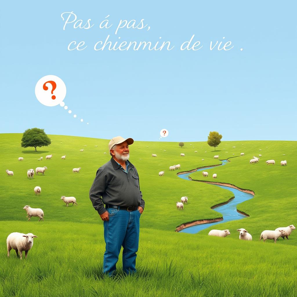 A 55-year-old farmer standing in a flat, lush green pasture filled with fluffy sheep