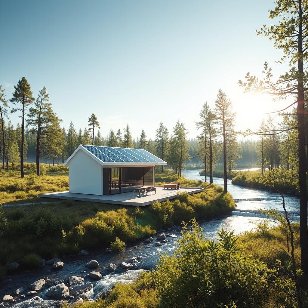 Design a contemporary future-inspired scene set against the backdrop of Siberian nature in summer