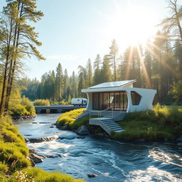 Design a contemporary future-inspired scene set against the backdrop of Siberian nature in summer