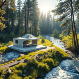 Design a contemporary future-inspired scene set against the backdrop of Siberian nature in summer