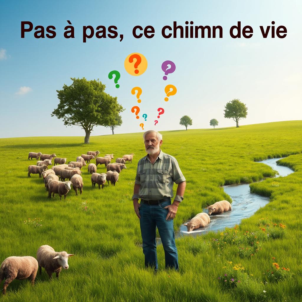 A 55-year-old farmer standing in a flat, lush green pasture filled with a flock of brown sheep