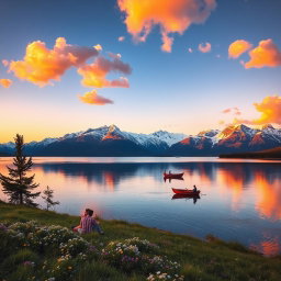 A serene landscape featuring a vast, tranquil lake surrounded by towering snow-capped mountains