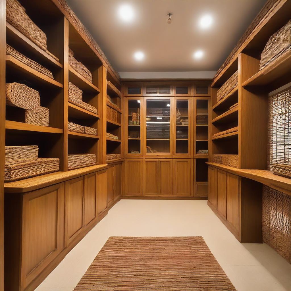 A well-organized storage room filled with beautifully crafted teak wood furniture displaying a variety of aesthetically pleasing designs.