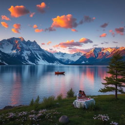 A serene landscape featuring a vast, tranquil lake surrounded by towering snow-capped mountains