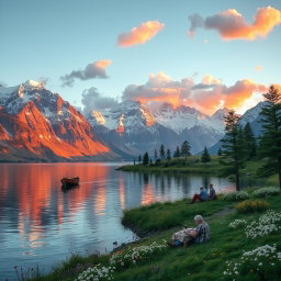 A serene landscape featuring a vast, tranquil lake surrounded by towering snow-capped mountains