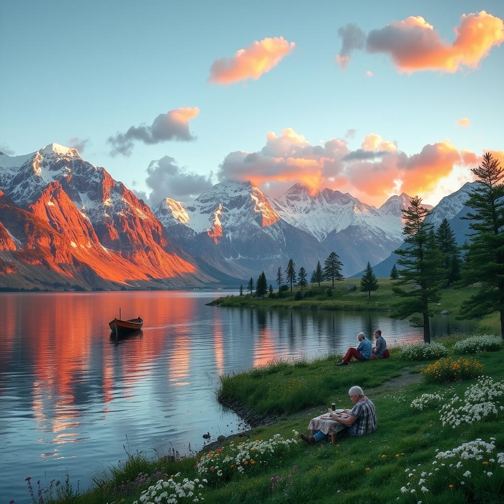 A serene landscape featuring a vast, tranquil lake surrounded by towering snow-capped mountains