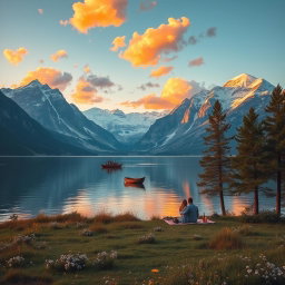 A serene landscape featuring a vast, tranquil lake surrounded by towering snow-capped mountains