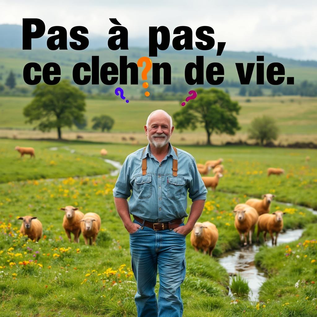 A 55-year-old farmer standing in a flat, lush green pasture filled with a flock of brown sheep