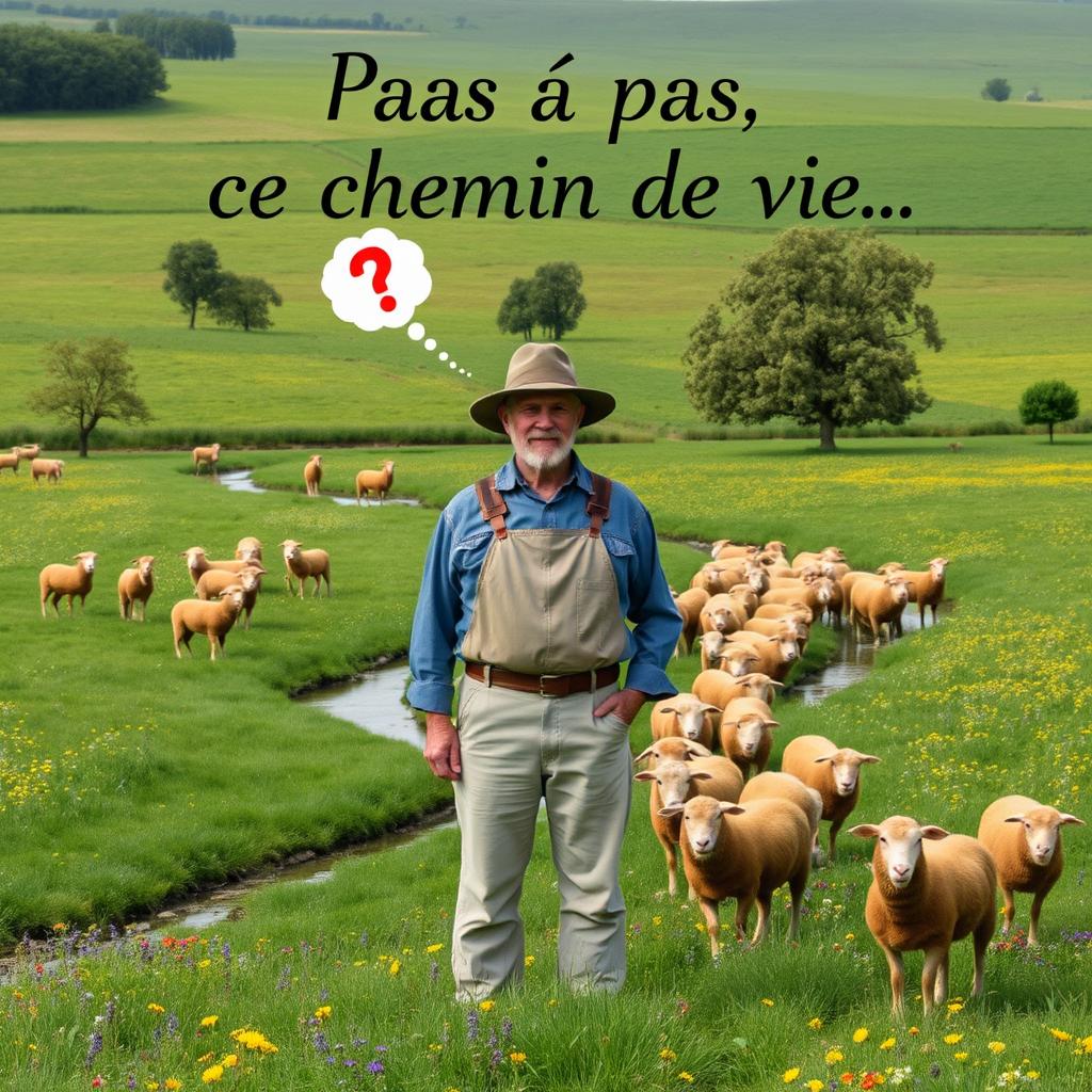 A 55-year-old farmer standing in a flat, lush green pasture filled with a flock of brown sheep
