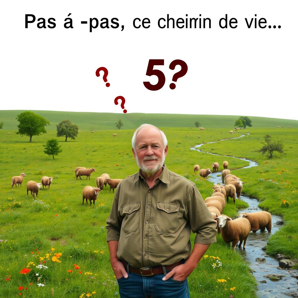 A 55-year-old farmer standing in a flat, lush green pasture filled with a flock of brown sheep