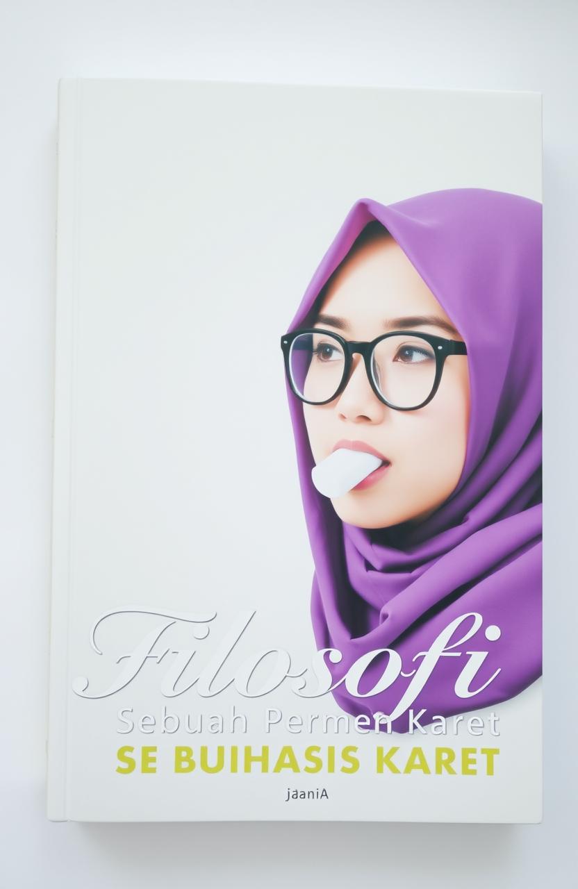 A book cover for 'Filosofi Sebuah Permen Karet', featuring a beautiful girl wearing glasses and a simple hijab, casually chewing a piece of gum