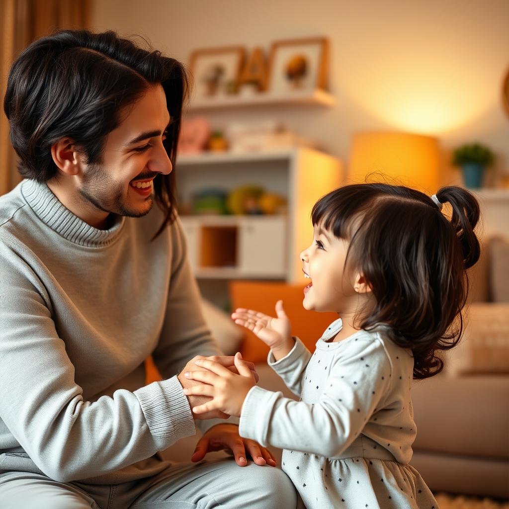 A heartwarming scene showcasing the concept of attunement between parents and their child, where the parents reflect the emotions and expressions of their young daughter, creating a mirror-like connection