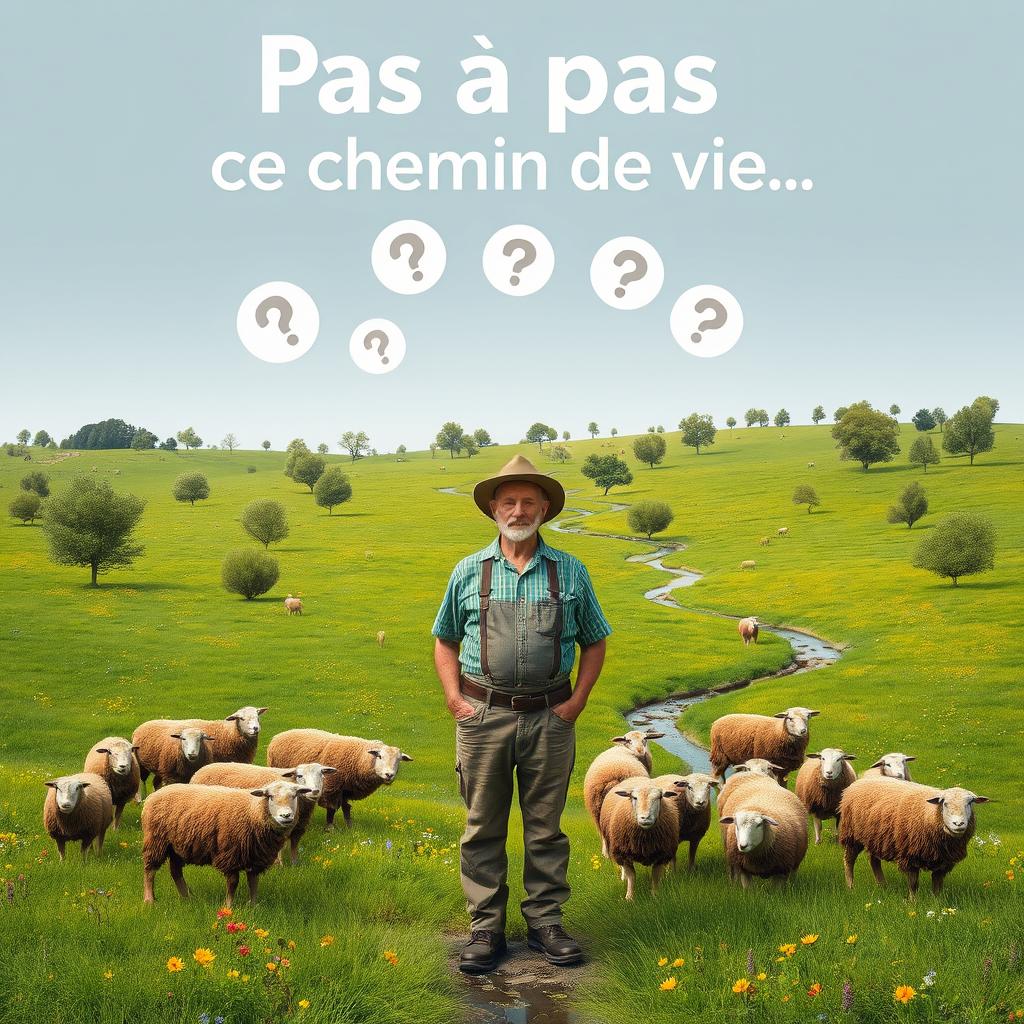 A 55-year-old farmer standing in a flat, lush green pasture filled with a flock of brown sheep