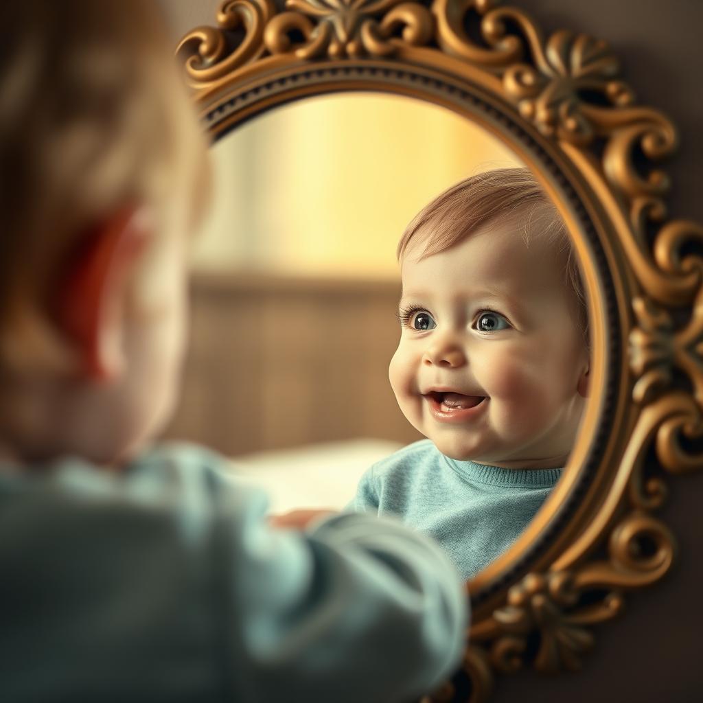 A child gazing at themselves in a mirror that resembles their parent