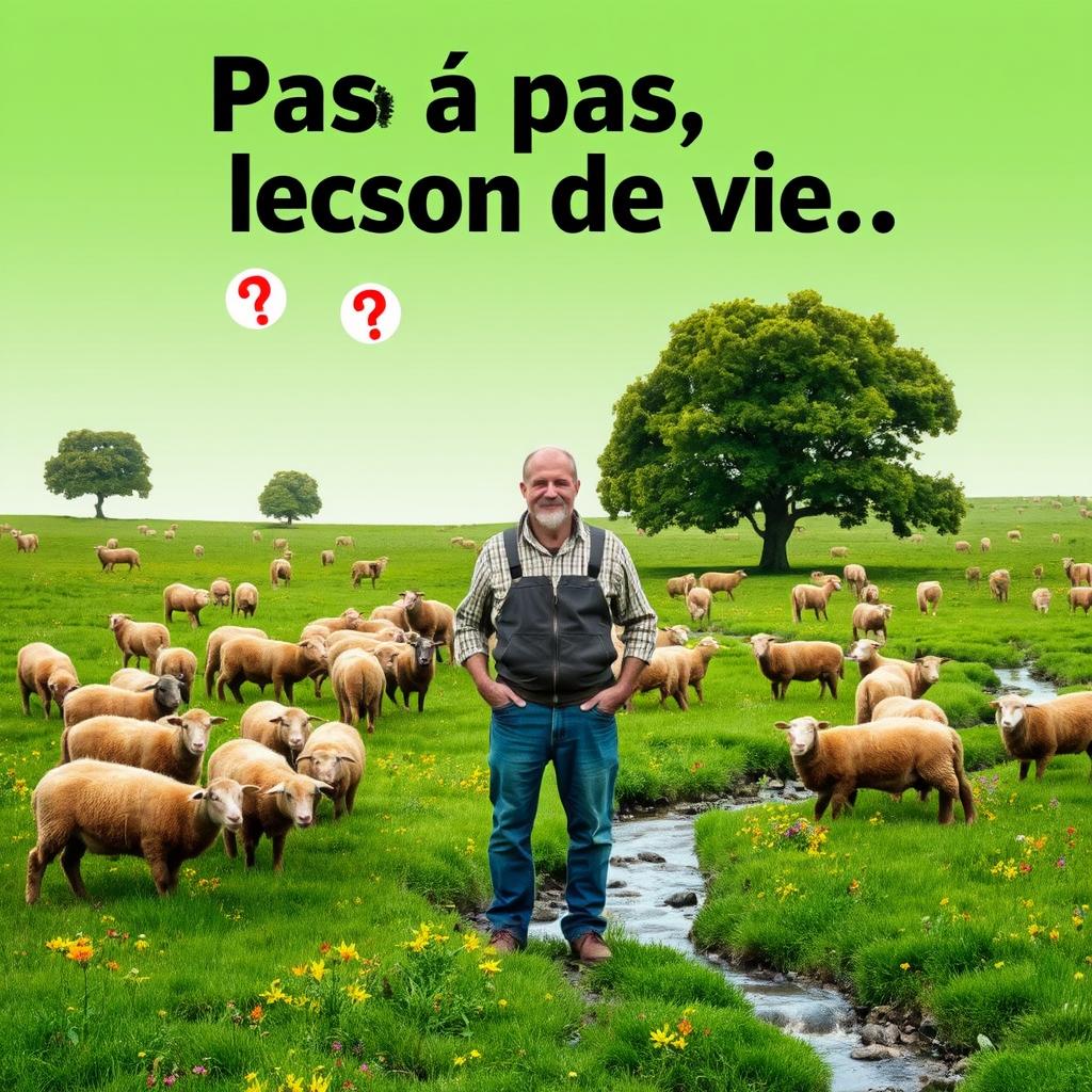 A 55-year-old farmer standing in a flat, green pasture teeming with a flock of brown sheep
