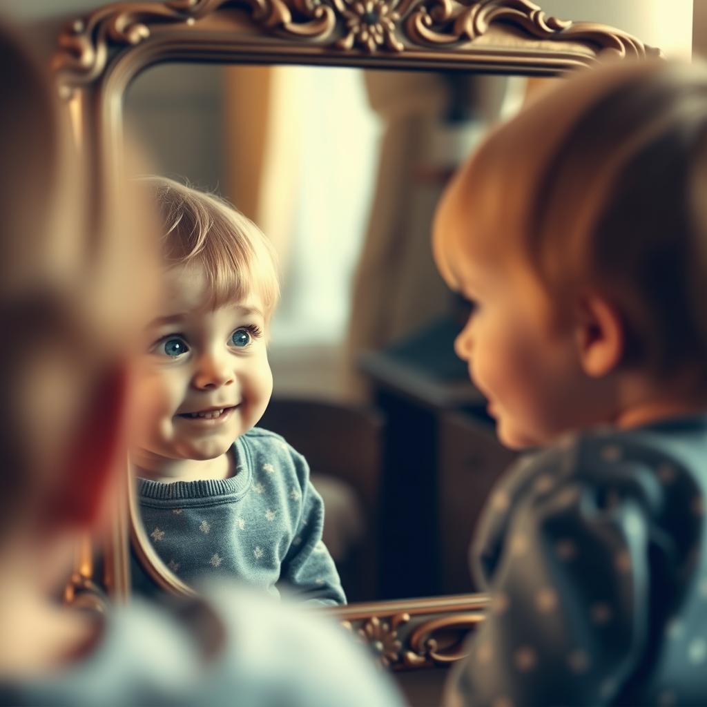 A child gazing at themselves in a mirror that resembles their parent, with a look of wonder and curiosity on their face