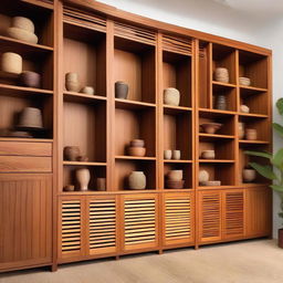 A well-organized storage room filled with beautifully crafted teak wood furniture displaying a variety of aesthetically pleasing designs.