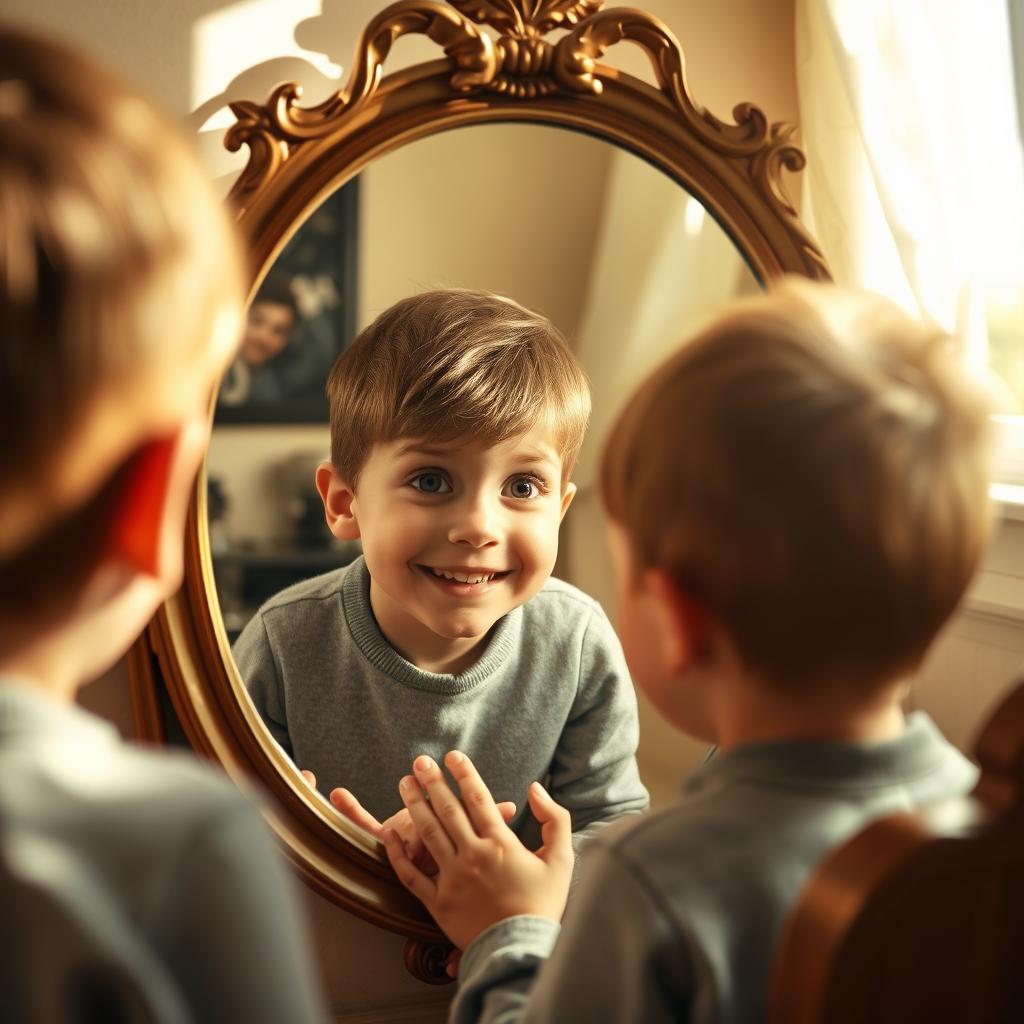 A 10-year-old boy gazing at himself in a mirror that has features resembling his parent's reflection