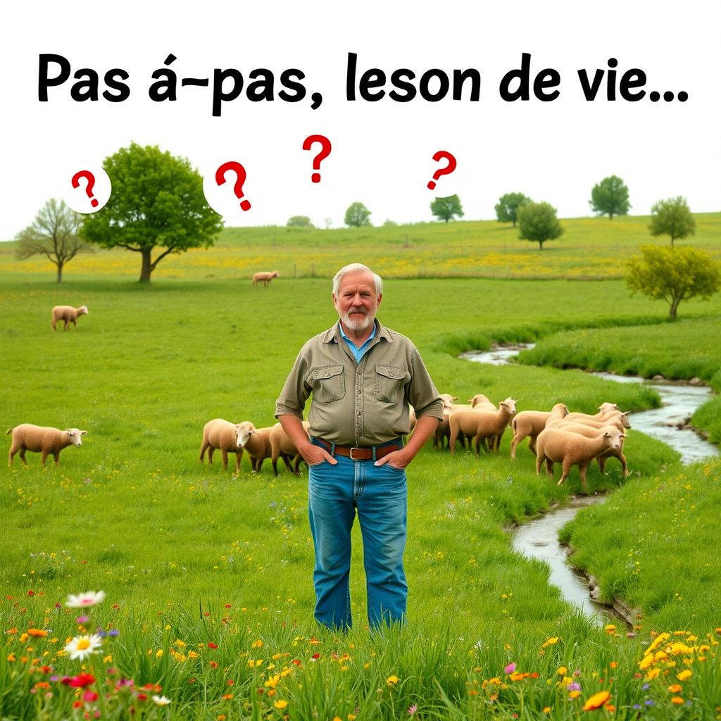 A 55-year-old farmer standing in a flat, lush green pasture filled with a flock of brown sheep