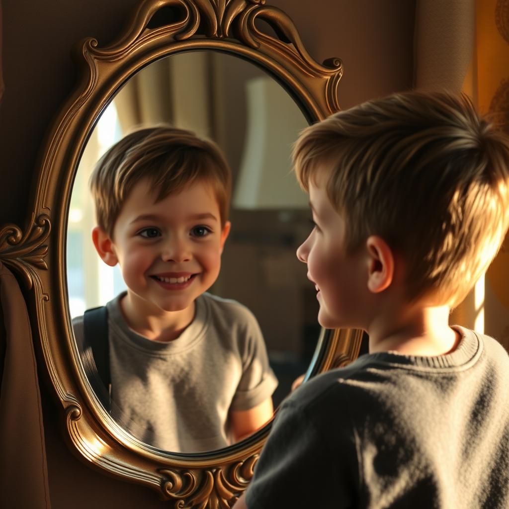 A 10-year-old boy looking at himself in a mirror that resembles his mother's reflection