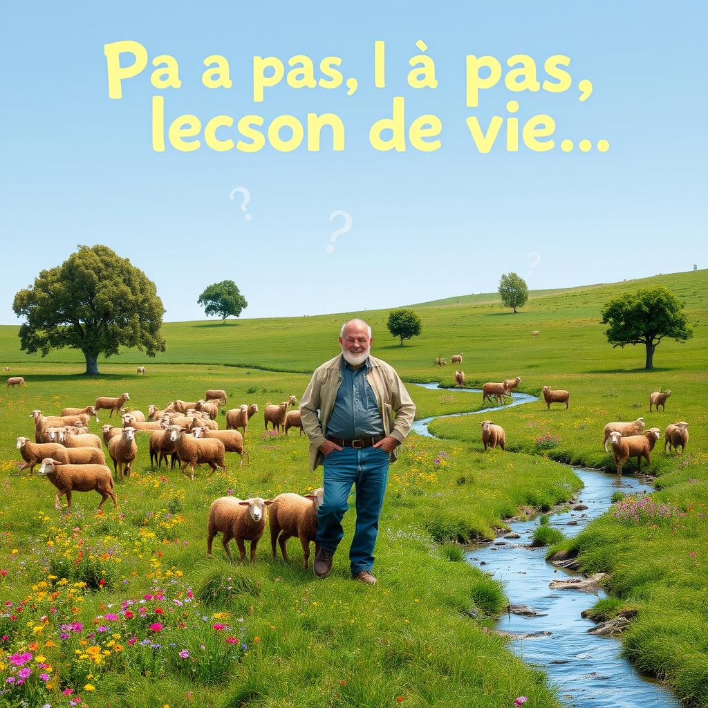 A 55-year-old farmer standing in a flat, green pasture filled with a flock of brown sheep
