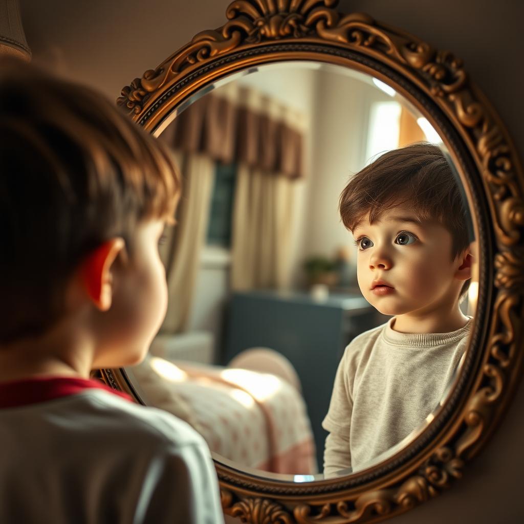 A 10-year-old boy looking into a mirror that reflects his mother's face as if he is seeing her image directly