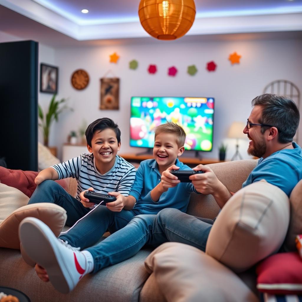 A joyful scene of parents and their 10-year-old son playing video games together