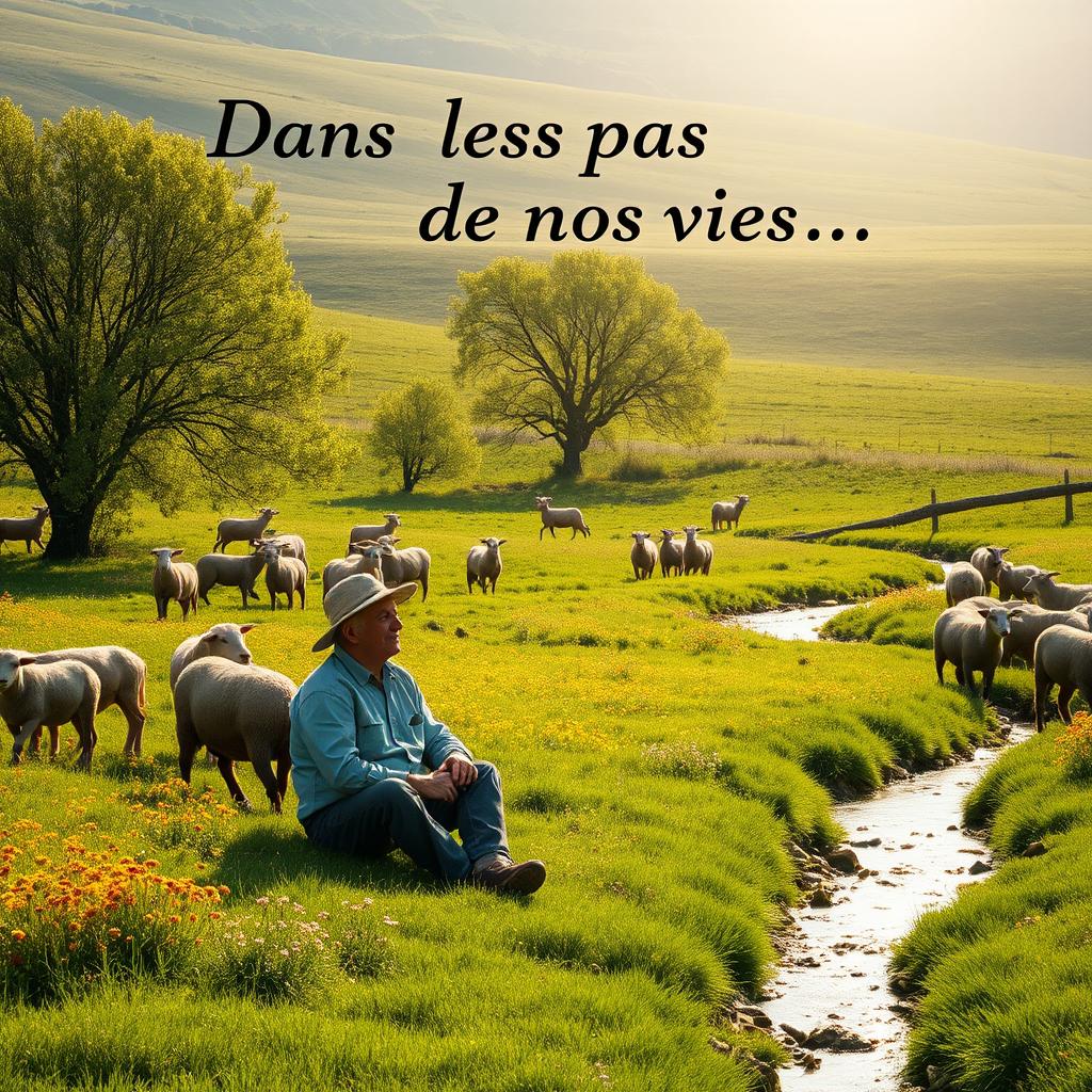 A 55-year-old farmer sitting peacefully in a flat, green pasture surrounded by a flock of brown sheep