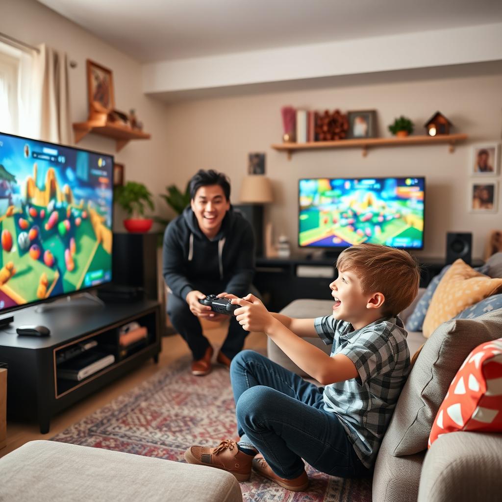 A lively scene of parents and their 10-year-old son playing video games together in their living room
