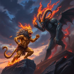 A dynamic and fierce battle scene depicting Narasimha, the fierce lion-man avatar of Vishnu, facing off against Azazel, the demon of chaos